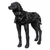 Black dog mannequin wearing a camouflage dog coat with high collar and adjustable belly strap.