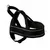 Black fabric dog harness with reflective strip, metal ring for lead attachment, and green label on strap. No visible brand or size information.