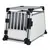 Metal transport crate with barred front door, solid side panels and reinforced corners, shown empty for viewing structure and entry access.