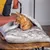Braun getigerte Katze sitzt in einer grauen Kuscheldecke mit Kunstfell-Innenfutter auf einem Holztisch.