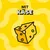 Mit Käse. Illustration eines gelben Käsestücks mit Löchern auf gelbem Hintergrund.