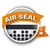 Air-Seal Symbol mit orangefarbenem Banner, schwarzer Punktgrafik und Schloss-Icon. Hinweis auf luftdichte Verpackung.