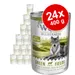 Wolf of Wilderness Green Fields Senior, lot de 24 boîtes de 400 g, étiquette visible : 100 % grain-free, image d’un loup, agneau et poulet. Texte en allemand et anglais sur l’emballage.