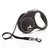 Flexi Hundeleine in Schwarz mit ergonomischem Griff, silbernem Logo und verstellbarem Band. Metallkarabiner zur Befestigung sichtbar.