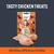 Tasty chicken treats, 100% chicken, 100% natural, 0% nasties. Image shows a treat pouch with chicken pieces in front.