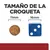 Dimensiunea crochetei: 11 mm, comparată cu un zar albastru de 16 mm. Text în spaniolă: 'Tamaño de la croqueta'.