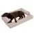 Grand chien marron allongé sur un lit rectangulaire pour chien avec rebords rembourrés gris clair et coussin central blanc, surface en tissu visible.