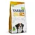 Упаковка корма для собак YARRAH BIO ADULT DOG FOOD, белая с жёлтым. Протеин 25 %, жир 13 %. Изображение собаки, значки и маркировка: 100 % recyclable, эко-сертификаты.