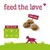 Three round snacks with a '100% love' label, text 'feed the love', size: diameter 15 mm, height 5.5 mm. Three round snacks with a '100% love' label, text 'feed the love', size: diameter 15 mm, height 5.5 mm.