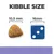 Kibble size comparison showing a 10.5 mm kibble next to a 16 mm dice for reference.