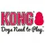 KONG Dogs Need to Play. Rød silhuet af KONG-legetøj ved siden af teksten. Tekst på engelsk.