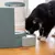 Schwarze Katze trinkt aus einem modernen Wasserspender mit transparentem Tank und grauer Schale auf Holzboden.
