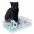 Black cat demonstrates interactive feeding toy with obstacles and compartments for dry food.