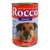 Rocco Classic tinned dog food, 100% Fleisch und Innereien, Rind pur, 400g. Blue and red label with a photo of a dog and icons on the side. Text in German.