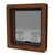 Brown pet door with four-way locking system showing options for in, out, both directions, and locked, indicated by icons at the bottom of the flap.