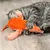 Grijze kat speelt met oranje pluchen speelgoed in de vorm van een vis op een houten vloer.