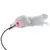 Toy mouse with pink head, grey fur and feather tail, attached to a black cord.
