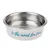 Stainless steel food bowl with white exterior and blue 'In the mood for food' lettering.