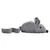 Jouet en forme de souris grise en peluche avec longues oreilles, queue souple et museau noir, sans marque visible.