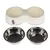 Ceramic double bowl with two round compartments, suitable for food and water.