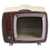 Katzenhöhle in Form eines Retro-Fernsehers aus Pappe mit Holzoptik und Kratzfläche im Inneren.