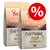 Deux sacs de Purizon Cold-Pressed Chicken with Fish Oil pour chat, 2,5 kg chacun, texte visible : 90 % ingrédients animaux, 10 % végétaux, 0 % céréales, symbole de réduction en pourcentage.