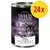 Wild Freedom Sterilised Wild Hills Chicken with Duck 400 g, 100 % grain-free. Bild på kattmatburk med svart katt och texten 24x i gul cirkel.