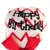 Juguete con estampado de zigzag rojo, inscripción negra 'Happy Birthday' y lazo rojo.