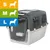 Plastic pet carrier with metal door shown, available in small, medium and large sizes as indicated by icons and letters S, M, L on coloured background. Plastic pet carrier with metal door shown, available in small, medium and large sizes as indicated by icons and letters S, M, L on coloured background.