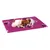 Pink dog blanket with paw pattern, two small dogs lying on it.