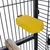 Yellow mineral stone for birds, attached to a metal cage. Supports beak care and provides essential minerals.