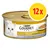 Purina Gourmet Gold Zarte Häppchen in Sauce mit Gemüse, 12x. Puszka z wizerunkiem białego kota i kawałkami karmy na talerzu. Tekst po niemiecku: Mit Kalb in einer Sauce mit Gemüse.