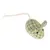 Toy mouse made of green fabric with yellow and white check pattern, black eyes and braided cord tail.