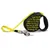 Retractable lead with a black handle and yellow tape, featuring repeated text 'flexi neon' on the casing. Metal clip attached for securing to a collar or harness.