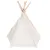 Weisses Tipi-Zelt aus Stoff mit Holzstangen, geeignet als Haustierzubehör oder Rückzugsort.