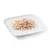 Close-up of shredded chicken meat on a white plate, presented as a product image for pet food.