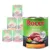 Rocco MENU canned food, visible text: 'Beef, poultry, vegetables & rice', 800g. Label shows beef, poultry, peas, carrots, rice. Pack of six tins with green and orange labels.