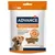 ADVANCE Weight Control Snack, 150g. Complement voor gewichtsverliesplannen, laag vetgehalte 2%. Verpakking toont hond en snacks met ADVANCE-opdruk.