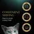 Text: CONVENIENT SERVING. Peel to reveal a tasty meal. Three icons with text: Open, Peel, Serve. Partial image of a grey cat's face at the bottom.