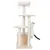 Cat tree made of wood with multiple levels, sisal posts and padded resting areas. White cat climbing up the cat tree.