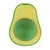 Jouet en forme d’avocat avec texte visible : TOYS avocado, coque extérieure verte et jaune, noyau vert au centre, matériau plastique apparent.