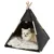 Trixie tenda tipi in tessuto grigio con pali in legno, interno con cuscino in pelliccia morbida. Cane piccolo seduto nella tenda.
