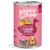 Blik Edgard Cooper Fabuleux Canard & Poulet, voor chiots. Tekst: banaan, mangue, petits pois, sans céréales. Illustraties van eend, hond, mango, banaan en erwten zichtbaar.
