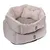 Round, beige pet bed with soft plush lining and Tiaki logo on the outside.