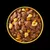 Bowl of wet pet food with brown meat chunks, yellow pasta pieces and orange vegetable cubes in gravy, shown from above in a yellow bowl on black background.
