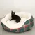 Katzenbett mit weichem, weissem Innenfutter und grün-rotem Karomuster aussen. Schwarze Katze sitzt im Bett.