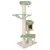 Cat tree made of wood with green cushions, multiple levels, hammock and cave. Sisal-wrapped posts for claw care.