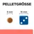Pelletgrösse: Vergleich von 9 mm Pellet mit einem 16 mm Würfel.