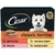Cesar classic terrine selection pack, 4 x 150g portions: 1 beef and liver, 1 poultry, 1 chicken and turkey, 1 chicken and beef. Product image shows food slices on a plate.