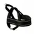 Black padded dog harness with reflective strip, metal ring for lead attachment, and adjustable straps. Small green label with yellow text visible on top strap.